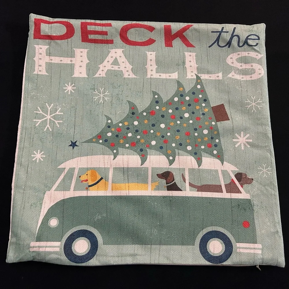Deck the Halls Pillow Cover•18”x18”•Green/Red/White Bus/Dogs/Christmas Tree